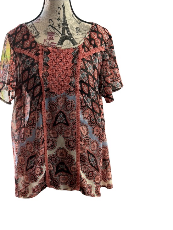 Knox Rose Tops - Knox Rose Coral and Black Crochet-Trim Boho Tunic
